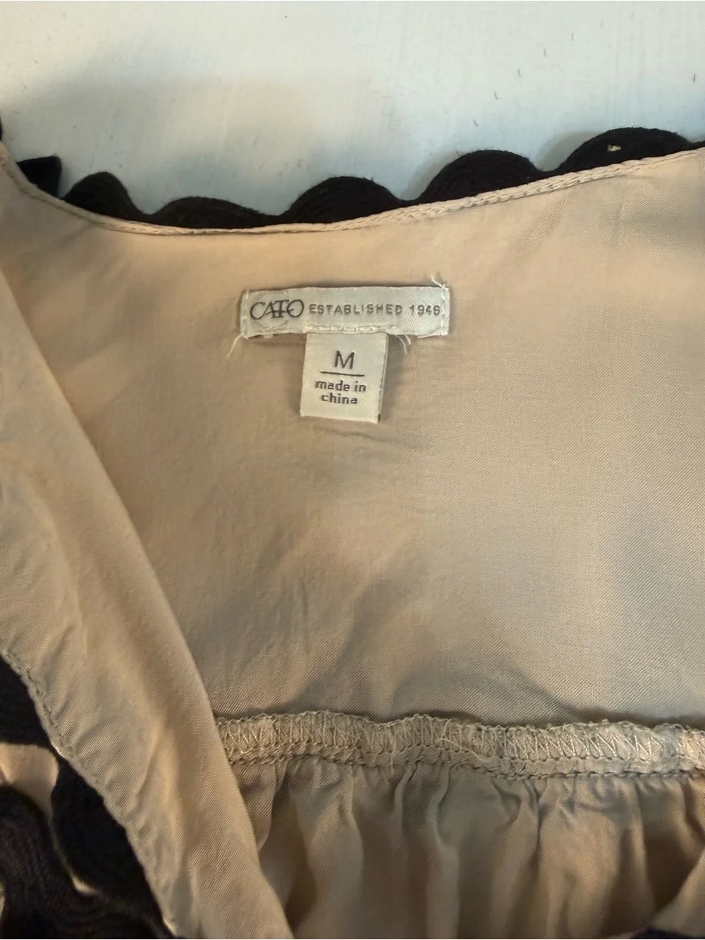 Cato tan Blouse with Black Wavy Trim Size Medium